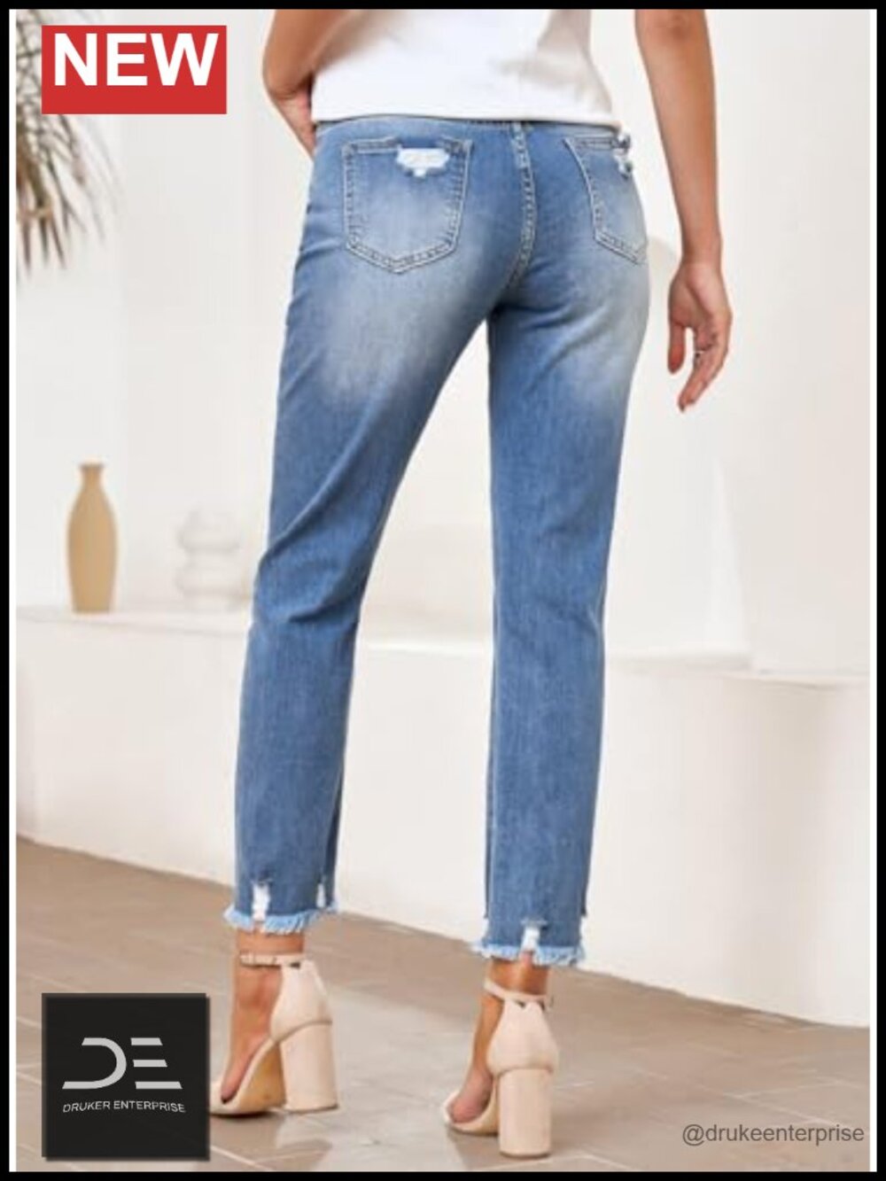 High Waisted Tummy Control Straight Ankle Ripped Jeans Stretchy Distressed - Picture 4 of 6